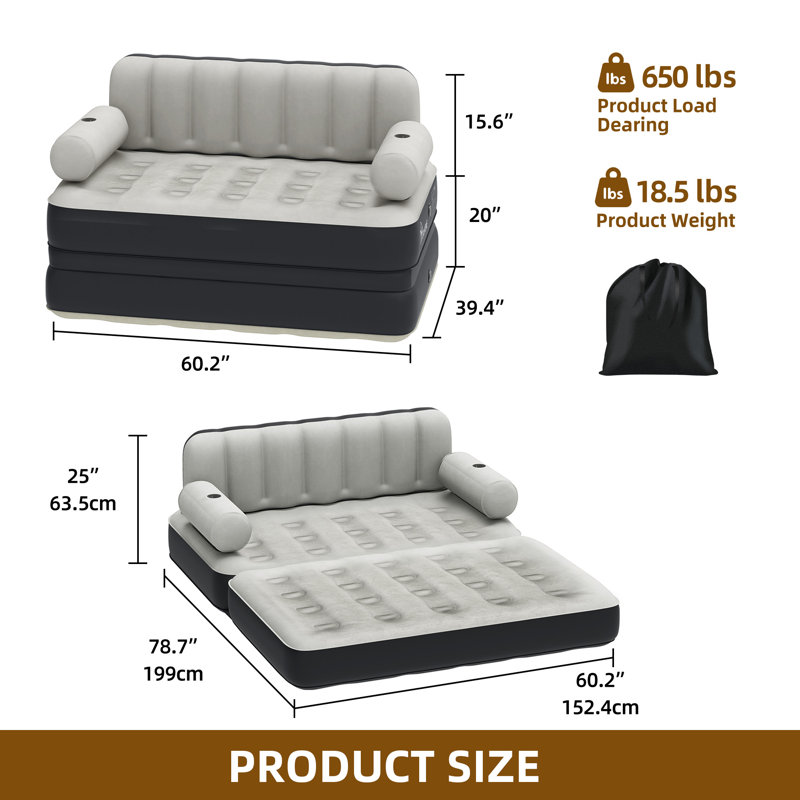 Grand matelas gonflable surélevé avec pompe portative, Gris