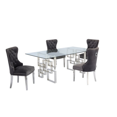 Bauxite 5 Piece Clear Glass Dining Set with Velvet Tufted Side Chairs and Nailhead Trim