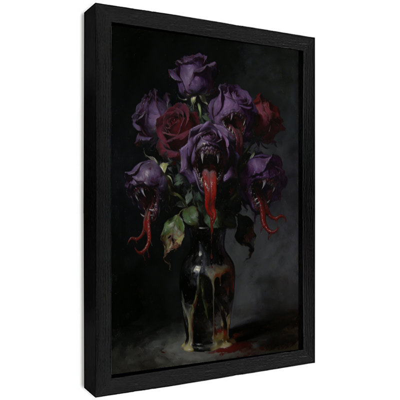 Reproduction d'art encadré noir et noir avec arrangement de roses maléfiques, H 37 po x l 25 po