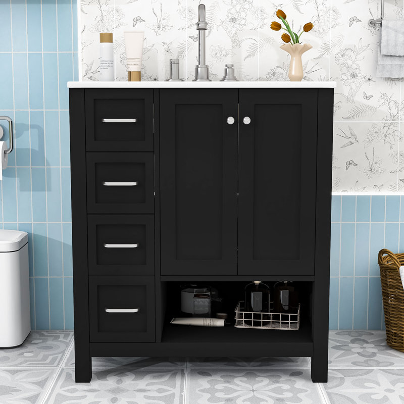 Meuble-lavabo autoportant élégant avec lavabo en céramique et beaucoup de rangement, Black