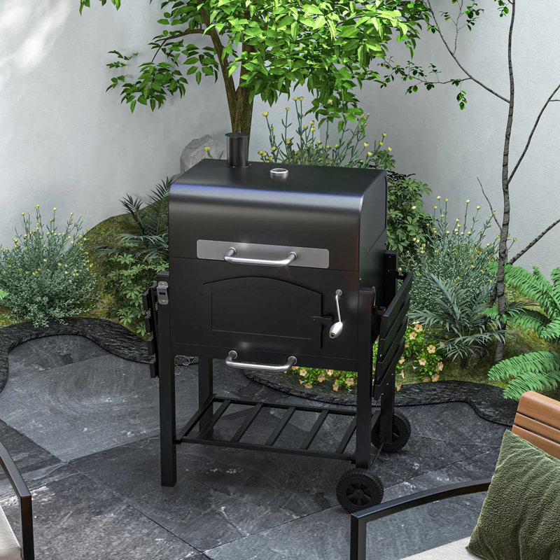 Barbecue au charbon de bois à hauteur réglable, tablettes latérales pliantes, thermomètre, roues et support de rangement, barbecue extérieur