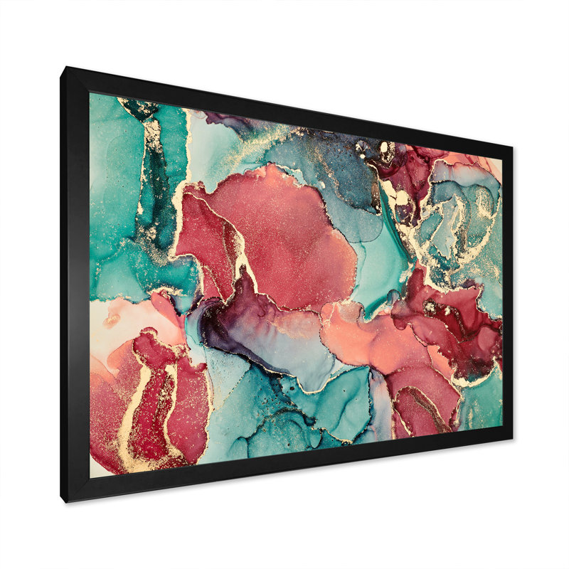 Bleu et mauve luxueux abstrait fluide X - peinture sur toile, H 16 po x l 32 po, Cadre d'angle fermé noir