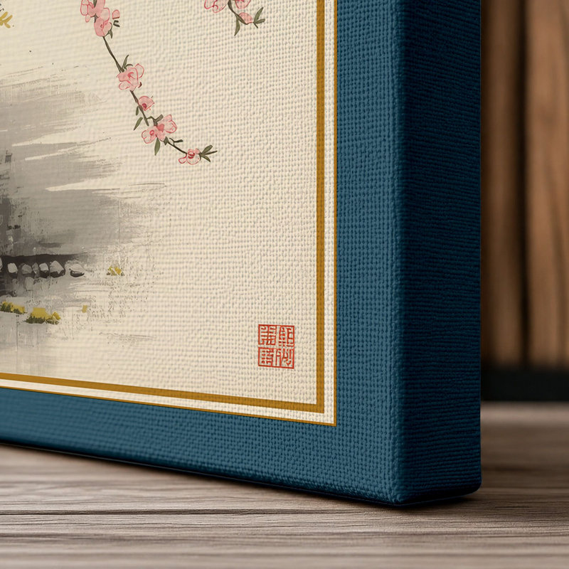 Blossoms Over Mist Japandi - Wrapped Canvas, 18x12 - 45.7 x 30.5 cm, Teal Border