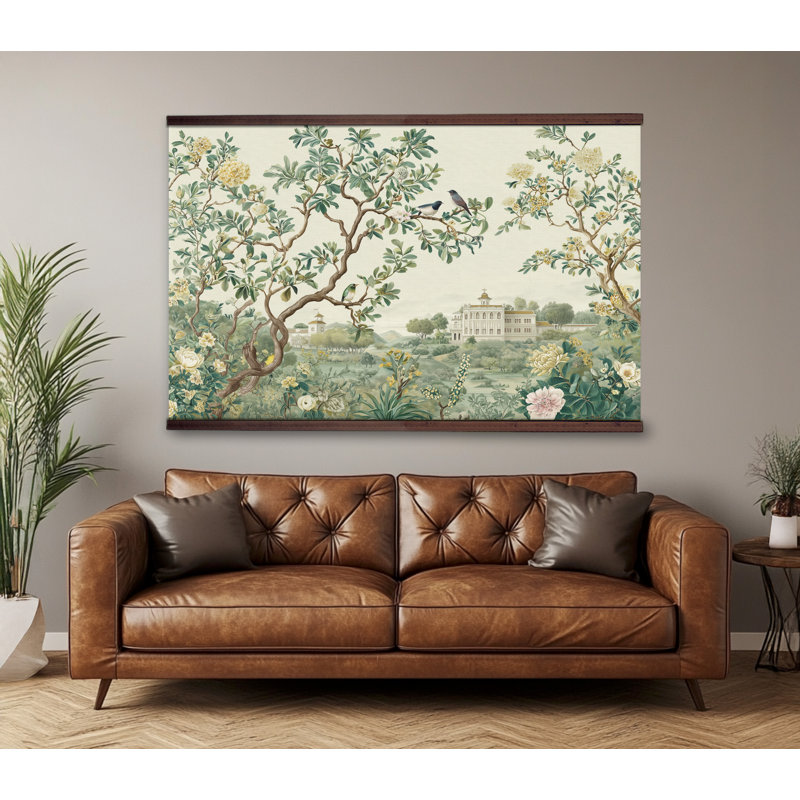 Tapisserie «Chinoiserie» avec des crochets en bois - très grand décor de paysage botanique élégant, H 32 po x l 48 po