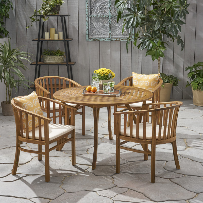 4 - Person Acacia Solid Wood Patio Dining Set Round Table, Teak Frame / Cream Cushion