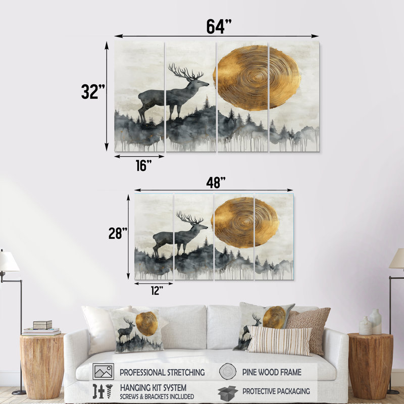 Or doré paysage Grace In The Wild II - cerf, décoration murale - art mural moderne, H 32 po x l 64 po