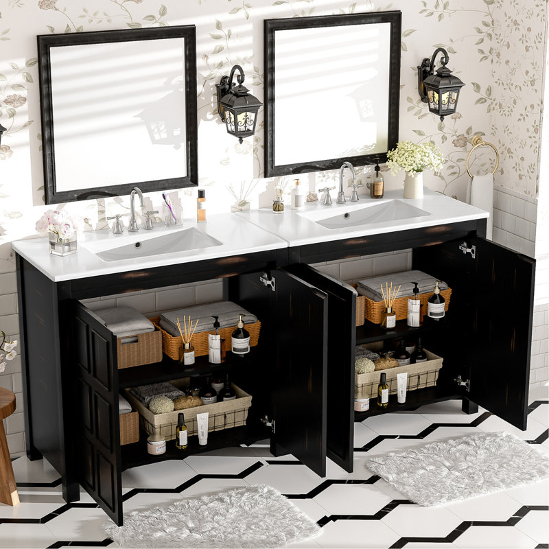Ensemble de meuble-lavabo 72 po avec lavabos doubles (séparés), lavabos doubles en céramique, portes à fermeture en douceur et tablette réglable - Armoire de rangement espresso rétro pour une organisation élégante de la salle de bain