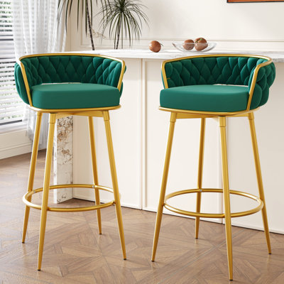 2 tabourets de bar de salle à manger, comptoir de 31,5 po, pieds en métal doré tissés à la main, siège rembourré en mousse, 2 tabourets pivotants à 180 °, repose-pieds doré, pour