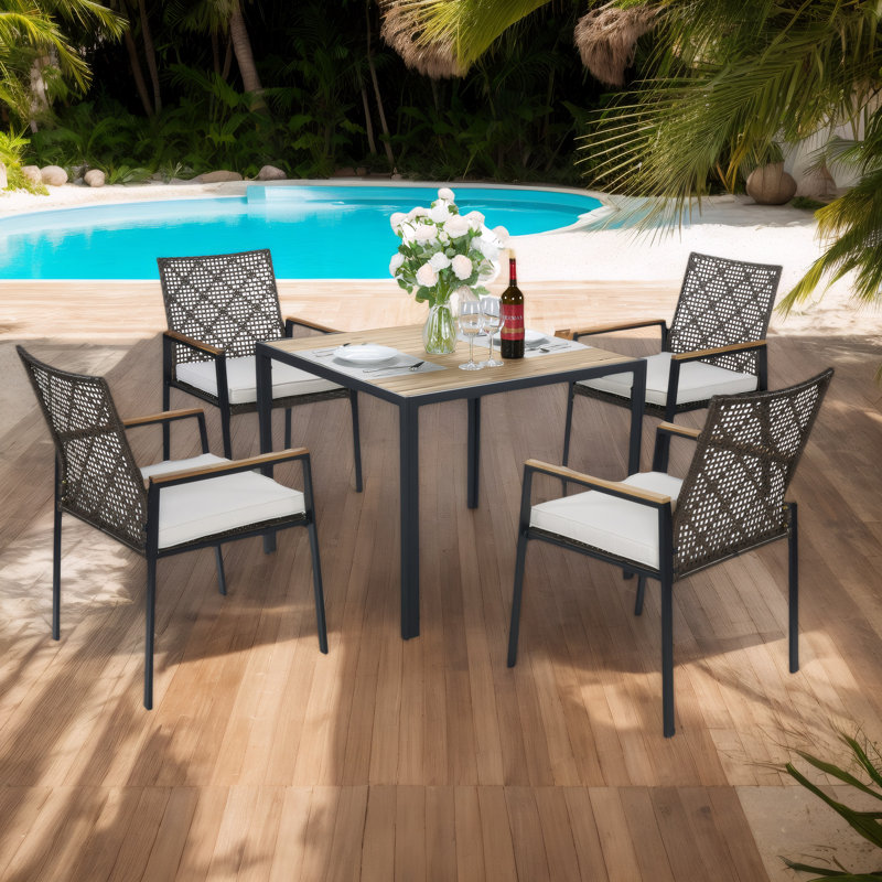 Ensemble de mobilier d'extérieur pour patio - table en bois d'acacia et chaises en rotin 5 pièces, ensemble de conversation toutes saisons