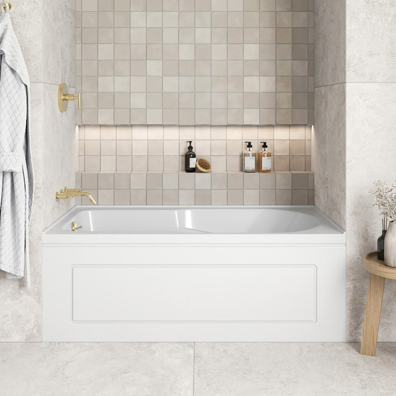 Streamline 60 in. x 32 in. Acrylic Left-Hand Drain Alcove Bathtub in Glossy White With External Drain, Polished Brass
