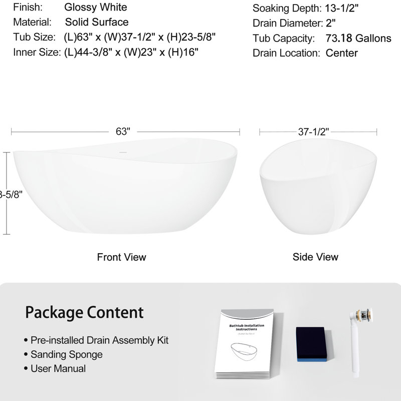 63" Freestanding Stone Resin Bathtub, Glossy White, With Pop - Up Drain And Relaxing Spa Like Bath Luxury White Soaking Bathtub Of Overflow For Modern Bathroom