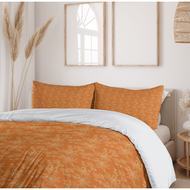 Burnt Orange Floral Queen Duvet Cover Set with Pillow Shams