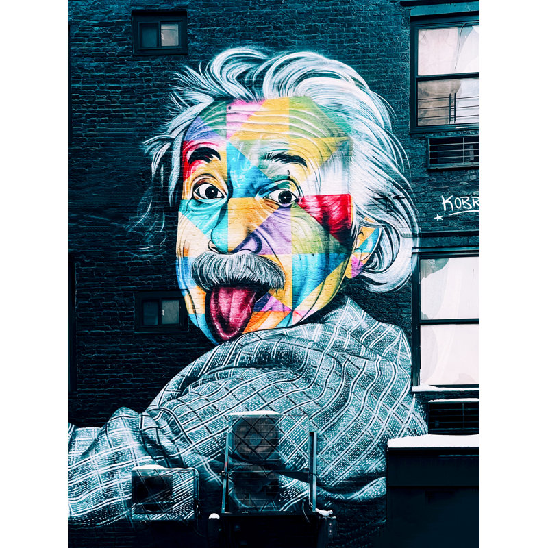 Albert Einstein, Face Toungue Out, Street Art, coloré, peinture sur bâtiment, H 36 po x l 24 po x P 1,5 po
