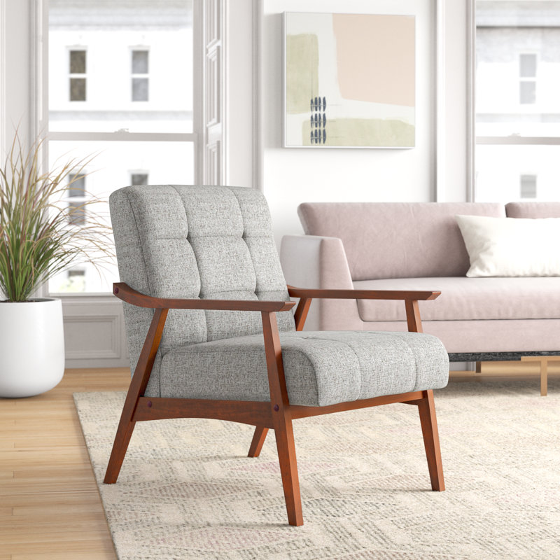 Ameer Tufted Fabric Accent Chair with Rubberwood Legs, Light Gray Polyester Blend