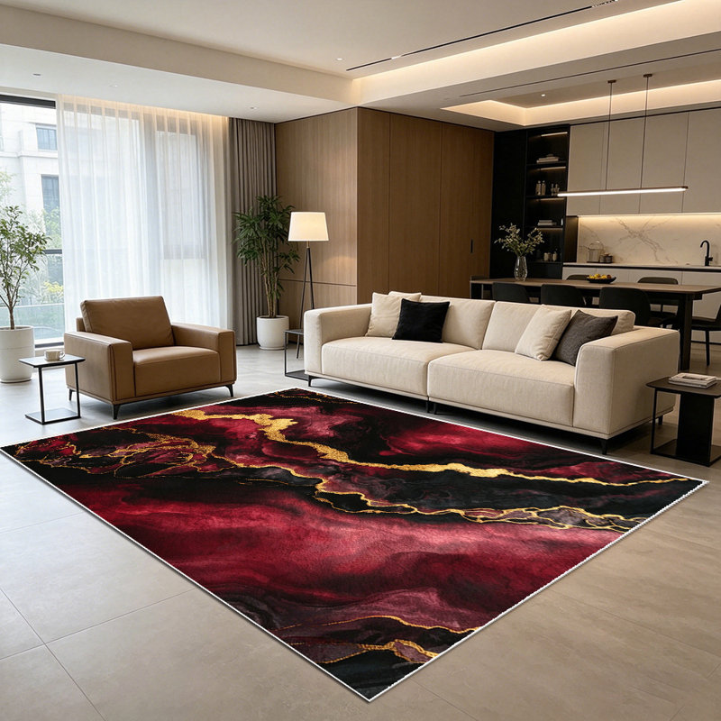 1PC Burgundy Gold Abstract Fluid Marble area rugs for Living Room, Soft and Comfortable, Suitable for all seasons, easy-to-maintain, machine washable Indoor floor mat, Under Table Farmhouse suitable for dining table, bedroom, entryway, kitchen,