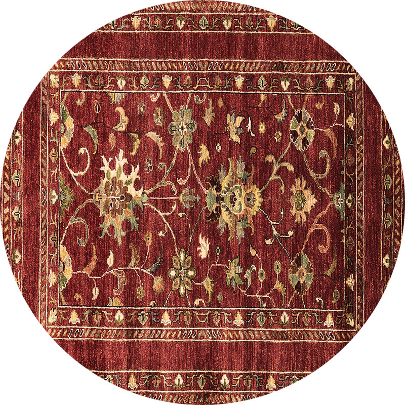 Tapis floral rouge en laine et polyester tissé à la machine Jaziya, Rond 5 pi