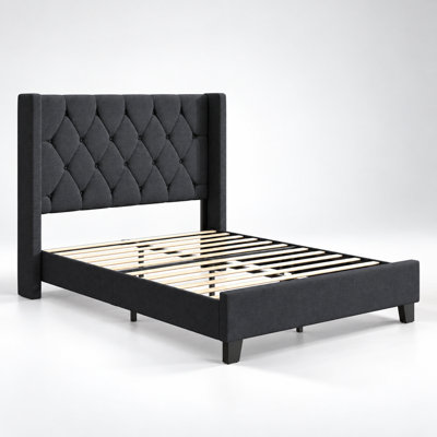 Cadre de lit plateforme Queen Size avec tête de lit capitonnée en velours, lit rembourré avec sommier à lattes en bois robuste