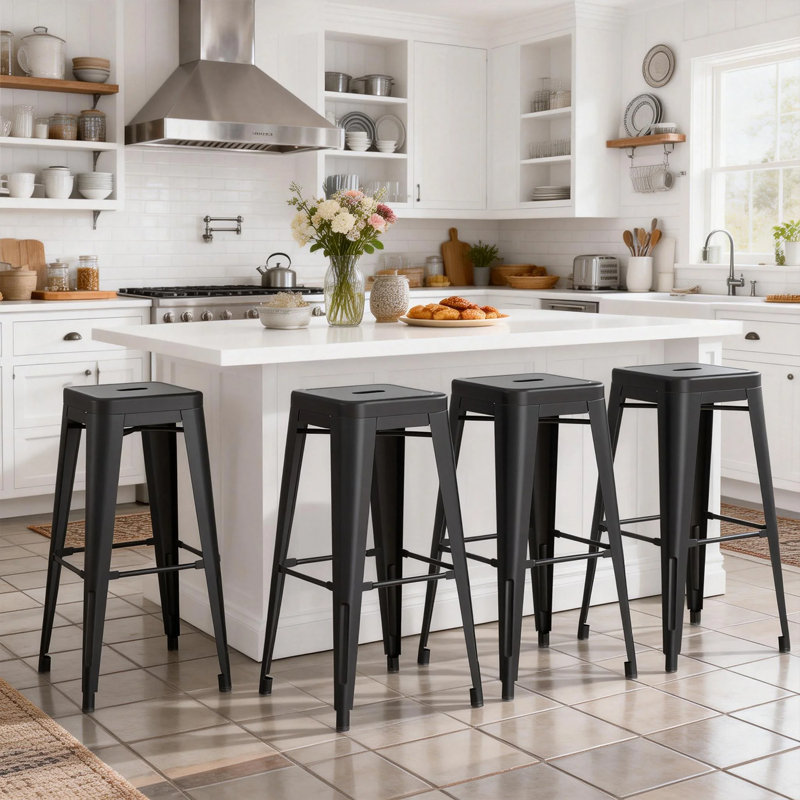 Tabouret en métal sans dossier, Noir, Tabouret de bar d'une hauteur de siège de 30 po