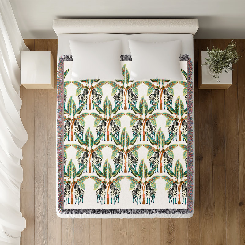 Jeté en mélange de coton Xavier Zebra, Noir / bleu sarcelle / chartreuse / blanc cassé, L 80 po x l 60 po