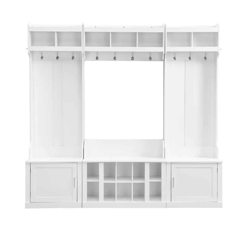 On-trend Multi-functional Entryway Hall Tree With Storage, Bench, Coat Rack, And Shoe Cubbies In White