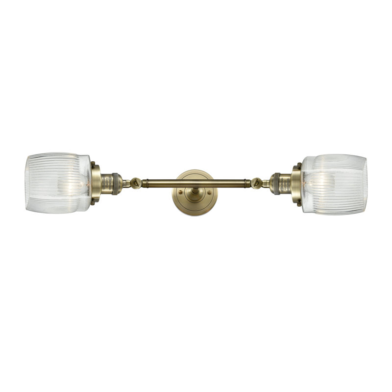 Éclairage pour meuble-lavabo 2 lumières rétro Bonneau, Halophane transparent, Laiton brossé, Incandescent