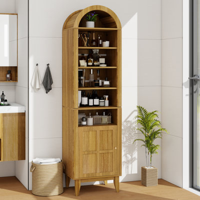 71" Tall Arched Cabinet With Doors, Solid Wood Legs, Adjustable Shelves For Vertical Storage, Narrow Arched Storage Bookcase, Space Saving Organizer For Bathroom, Living Room, Home Office