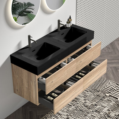 Meuble-lavabo de 48 pouces avec lavabo noir et tiroirs en chêne brut, fixation murale de style Mid-Century moderne, poignée double dissimulée, résistance à l'eau E0, panneaux de quincaillerie E1