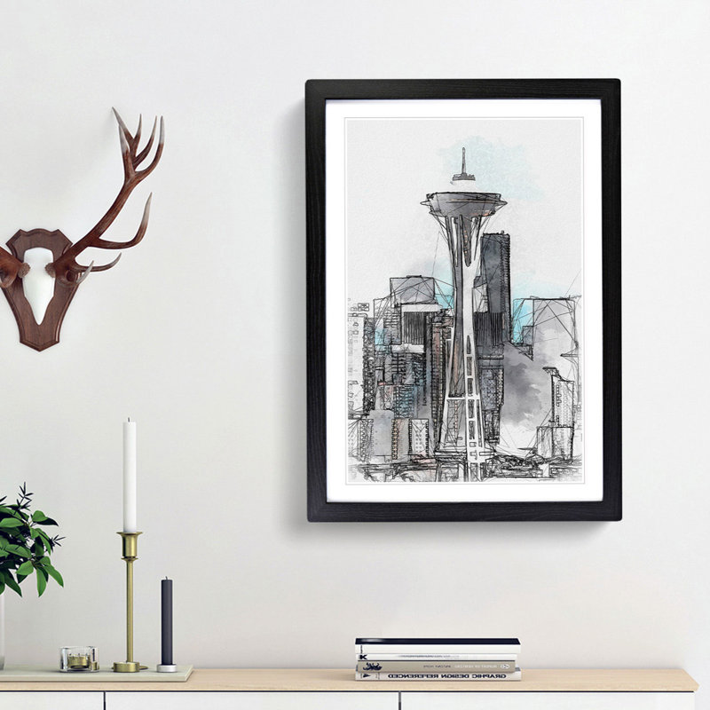 Space Needle in Seattle Washington in Abstract - Framed Print, 65cm H x 48cm W x 2cm D, Black Framed