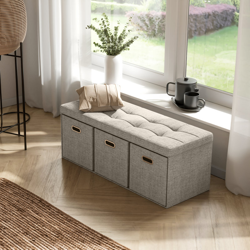 Repose-pieds capitonné avec rangement Kidder, Mélange de lin beige