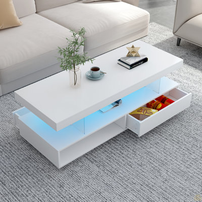 Table basse à DEL avec rangement, table centrale moderne avec 2 tiroirs et tablettes de présentation