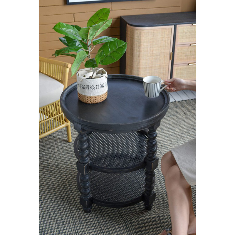 Table d'appoint ronde à trois niveaux D23,5 x 25 po avec tablette en rotin, noir