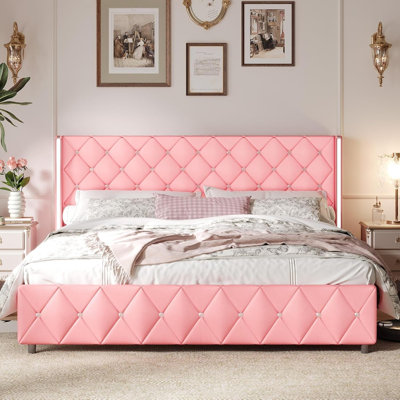 Alber Upholstered Bed Frame With Diamond Tufted Headboard, Modern Wingback, No Box Spring Needed
