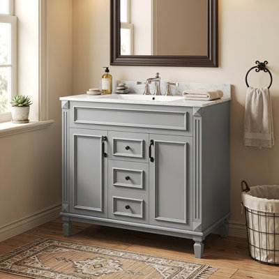 Meuble-lavabo de salle de bain 36 po avec lavabo supérieur, armoire de rangement moderne avec 2 portes à fermeture douce et meuble-lavabo simple