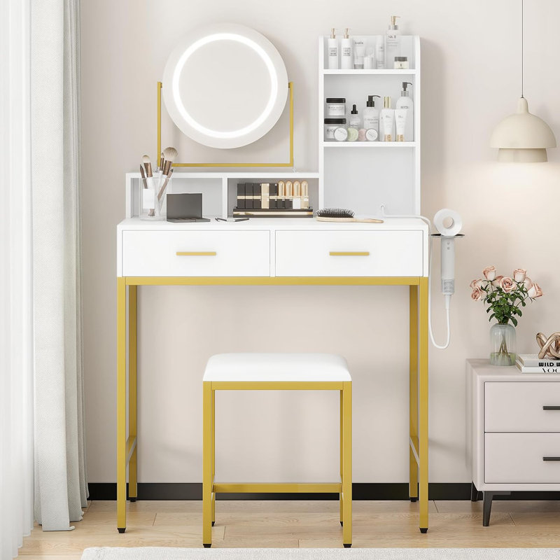 Vanity Desk with Mirror and Light, Makeup Vanity Desk with Rotating Mirror, 3 Colors Adjustable Light, Wood Vanity with 2 Drawers, Stool, Power Outlet, Vanity Set for Bedroom/Dressing Room