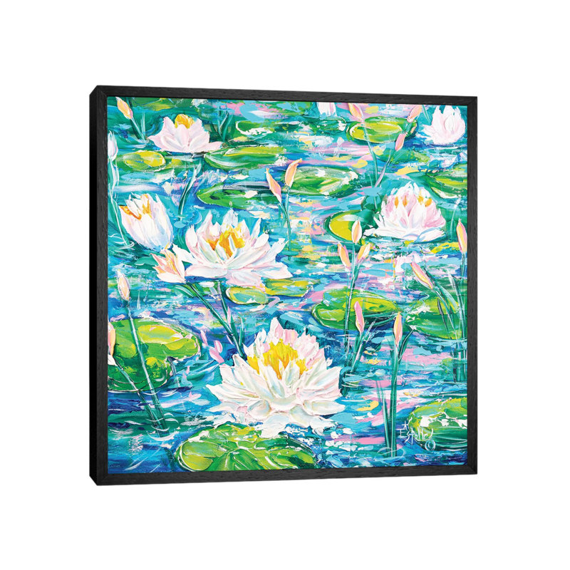 Water Lilies Afloat by Estelle Grengs - Painting on Canvas, 66.04cm H x 66.04cm W x 3.81cm D, Black Framed