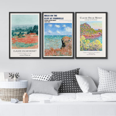 Classical Artwork " IDEA4WALL Framed Wall Art Print Set Walk On The Cliff At Pourville By Claude Monet Nature Wilderness Illustrations Fine Art Rustic Scenic Colourful For Living Room, Bedroom, Office " 3 - Pieces