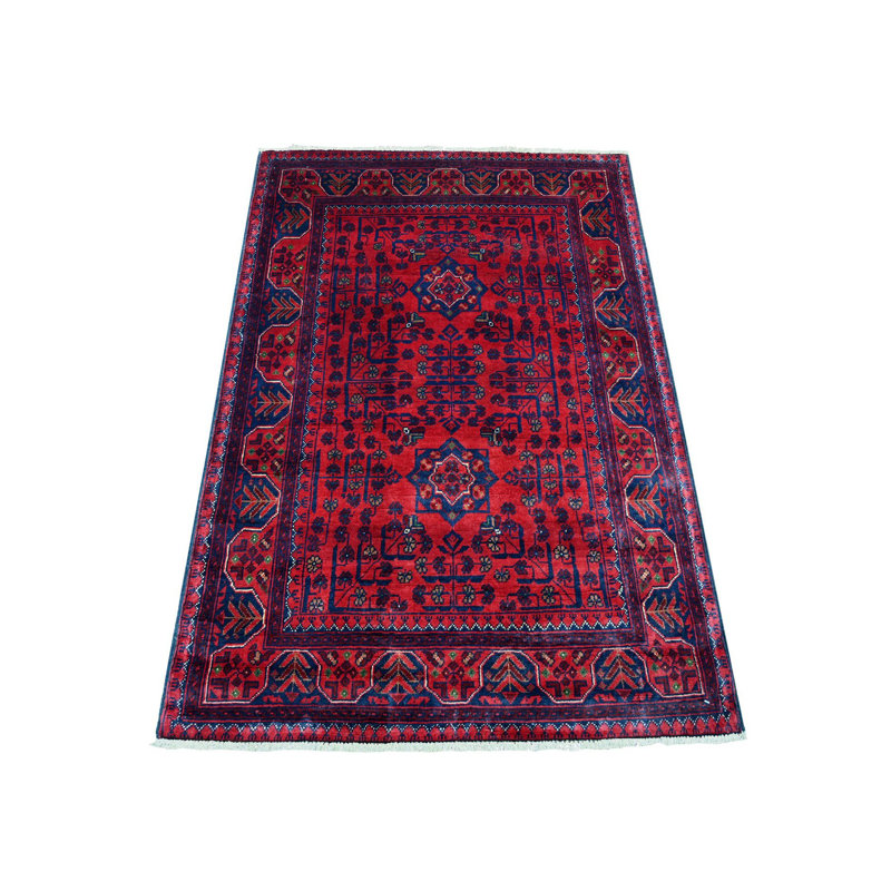 3'3"x4'9" Deep Red Afghan Khamyab Star Design Pure Wool Hand Knotted Rug C0EC8F6DDD7E47B5879721AEC87D819A