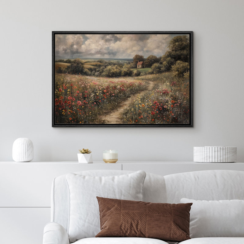 Route de campagne rustique à travers le champ de fleurs sauvages, paysage champêtre serein, nature, Noir, H 16 po x l 24 po