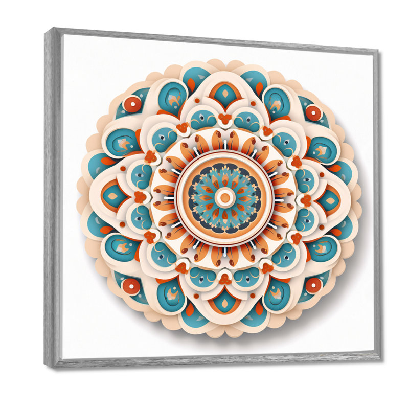 Mandala sacré en rétro bleu et orange - art mural Mandala Boho, 36" H x 36" W, Cadre argenté flottant