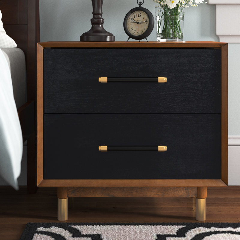 Justice Walnut & Black 2 Drawer Nightstand with Brass Accents