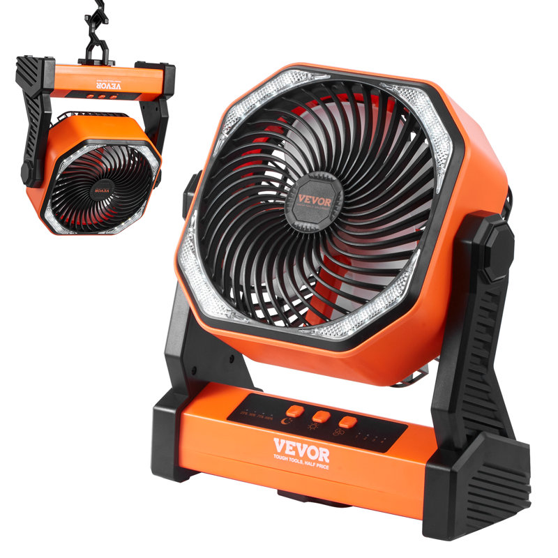 VEVOR 8-Inch Orange Rechargeable Desk Fan with LED Lantern