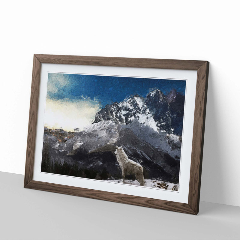 White Wolf with a Mountain Landscape - Picture Frame Painting Print, 36cm H x 48cm W x 2cm D, Walnut Framed