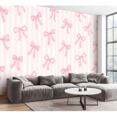 Wall Mural Peel and Stick Wallpaper different pink bows striped seamless for girl coquette core desig Self-Adhesive Removable Contact Paper Wall Decor for Living Room Bedroom 100"H x 144"W