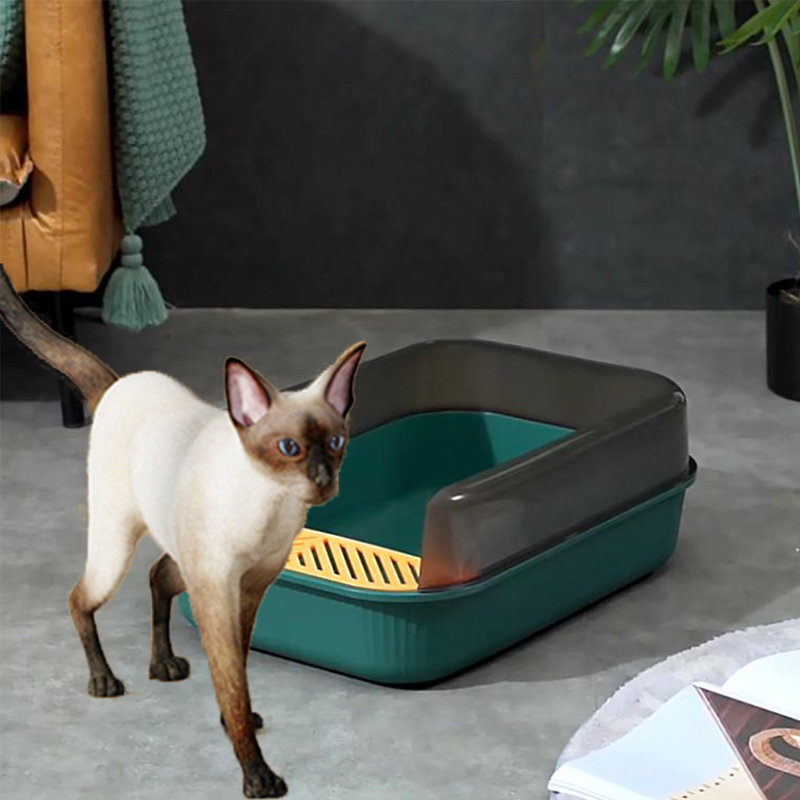 Bac à litière semi-fermé vert foncé pour chat, grande capacité anti-éclaboussures pour chats, Vert foncé / Gris