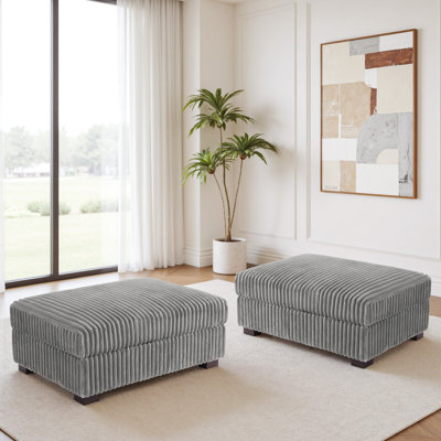 Upholstered Light Gray Faux Rabbit Fur Flannel Rectangle Ottoman, Modular Part For Sectional Sofa