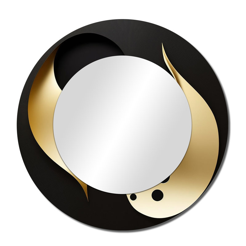 Golden Droplets On Black - Geometric Large Mirror, Black Round Decorative Wall Mirror, Printed Metal Art, 36" x 36"