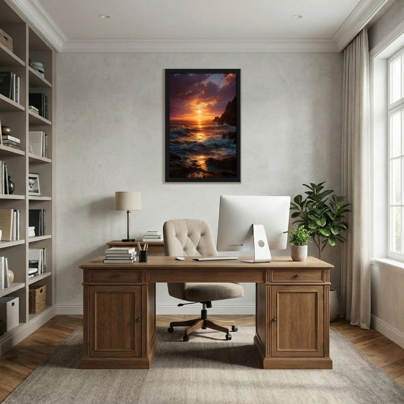 Paysage et nature coucher de soleil océan vagues côte rocheuse ciel nuages réflexion lumière, H 36 po x l 24 po
