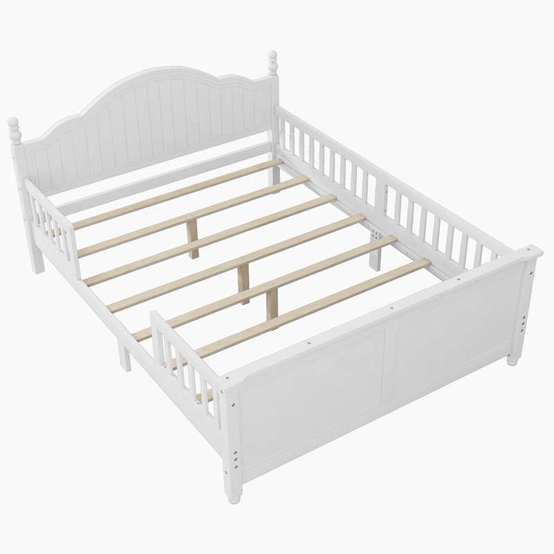 Lit double pour enfants, lit plateforme double en bois avec tête et pied de lit, blanc, Double