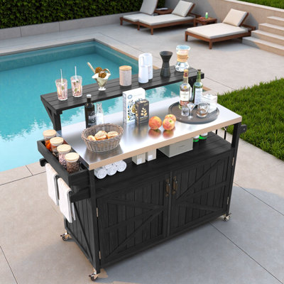 Outdoor Kitchen Island With Raised Shelf, Stainless Steel Top, Internal Storage Rack, Adjustable Shelves And Spice Rack