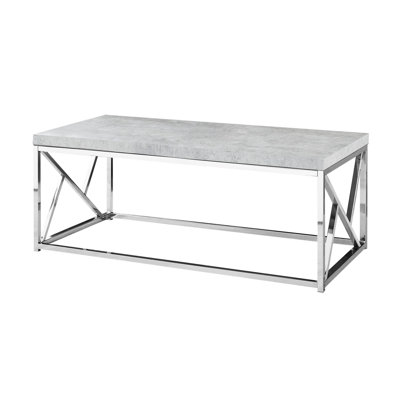 Semy Coffee Table, 47 Inch Rectangular Gray Wood Top, Chrome Metal -  Benjara, BM320252